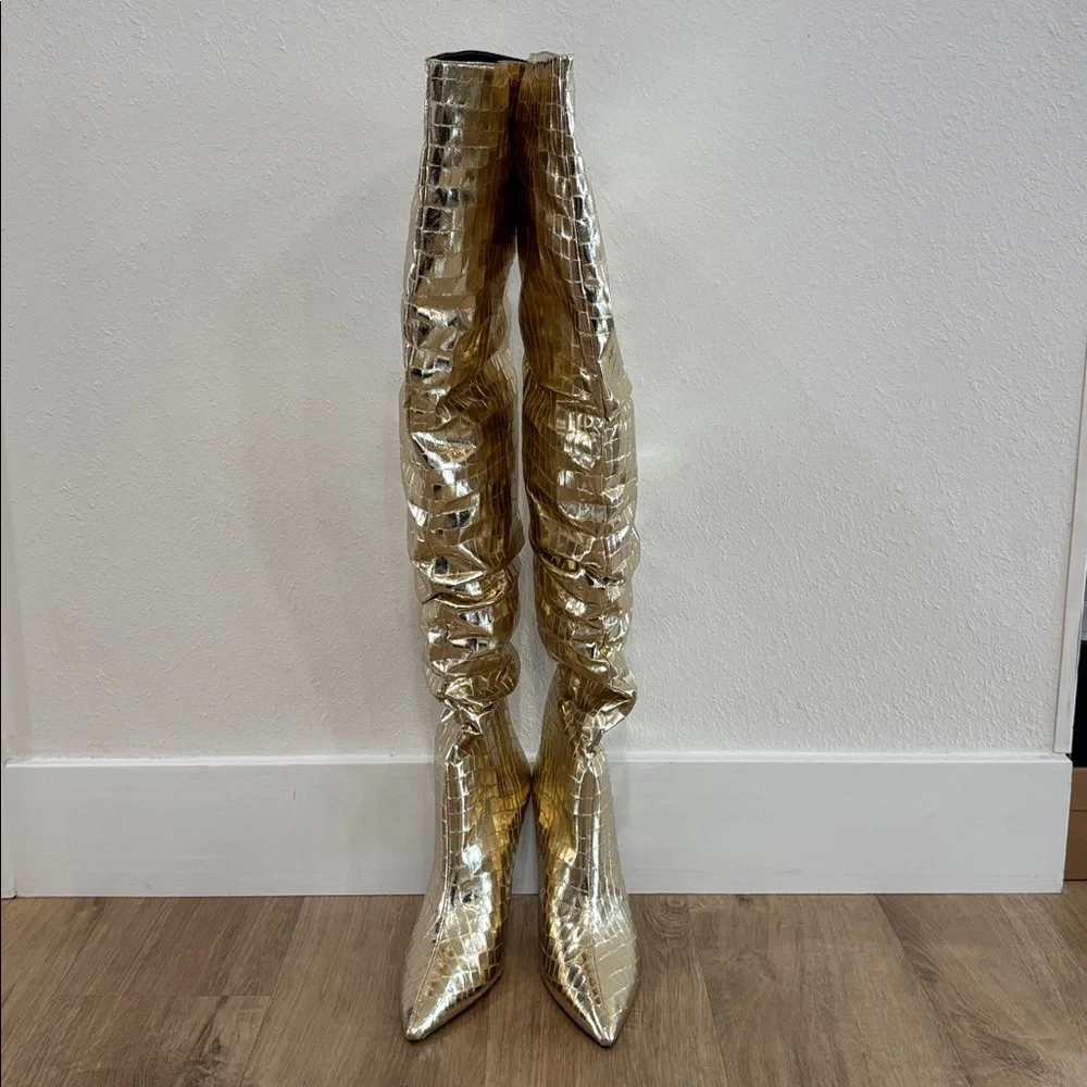 NEW Women’s Thigh High Pull On Gold Metallic Slouch Stiletto Boots